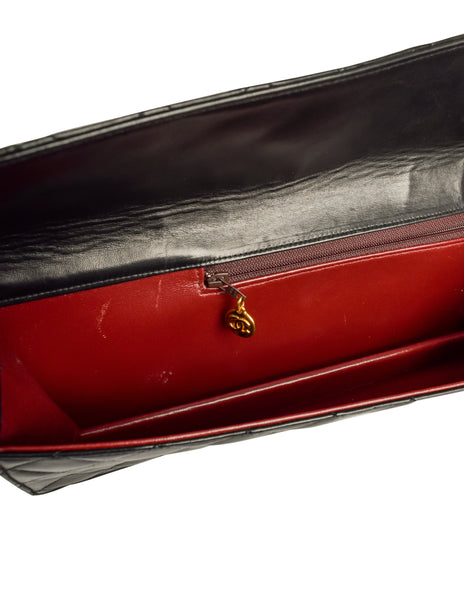 Chanel Vintage Rare AW 1990 Extra Long Black Matelasse Quilted Lambskin Leather Turnlock Clutch Bag