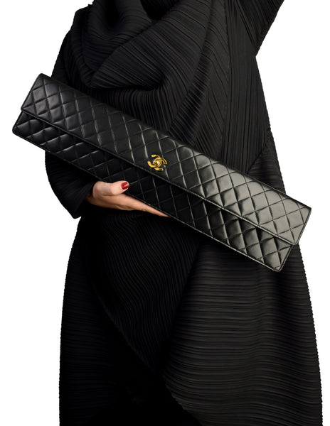 Chanel Vintage Rare AW 1990 Extra Long Black Matelasse Quilted Lambskin Leather Turnlock Clutch Bag