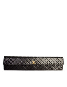 Chanel Vintage Rare AW 1990 Extra Long Black Matelasse Quilted Lambskin Leather Turnlock Clutch Bag