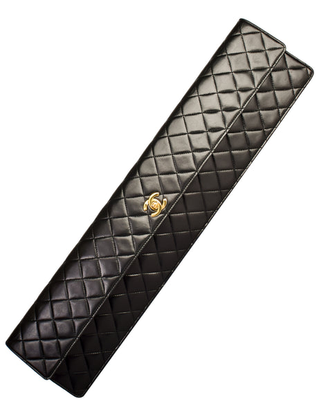 Chanel Vintage Rare AW 1990 Extra Long Black Matelasse Quilted Lambskin Leather Turnlock Clutch Bag