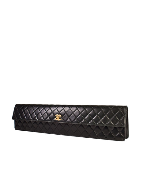 Chanel Vintage Rare AW 1990 Extra Long Black Matelasse Quilted Lambskin Leather Turnlock Clutch Bag