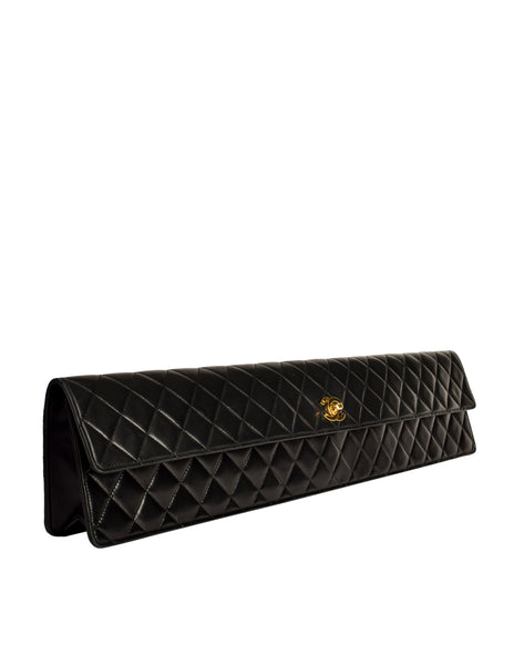 Chanel Vintage Rare AW 1990 Extra Long Black Matelasse Quilted Lambskin Leather Turnlock Clutch Bag