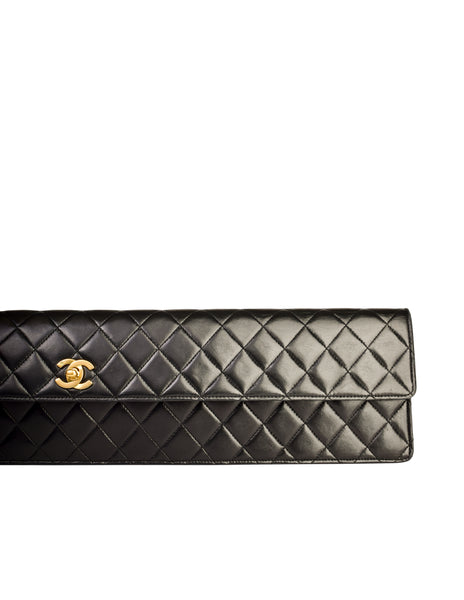 Chanel Vintage Rare AW 1990 Extra Long Black Matelasse Quilted Lambskin Leather Turnlock Clutch Bag