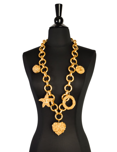 Chanel Vintage 1993 Oversized Gold Plated CC Logo Heart Star Nugget Charm Chain Necklace