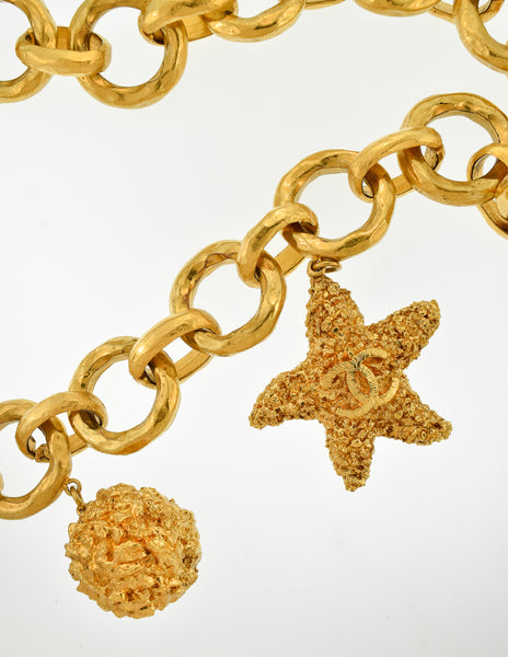 Chanel Vintage 1993 Oversized Gold Plated CC Logo Heart Star Nugget Charm Chain Necklace
