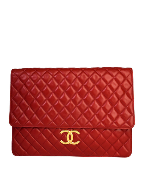 Chanel Vintage Oversized Red Matelasse Quilted Lambskin Leather CC Logo Jumbo Maxi Flap Bag