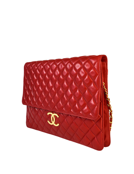 Chanel Vintage Oversized Red Matelasse Quilted Lambskin Leather CC Logo Jumbo Maxi Flap Bag