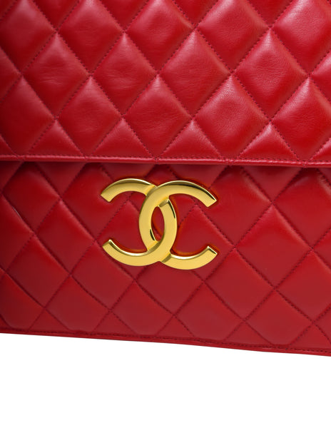 Chanel Vintage Oversized Red Matelasse Quilted Lambskin Leather CC Logo Jumbo Maxi Flap Bag