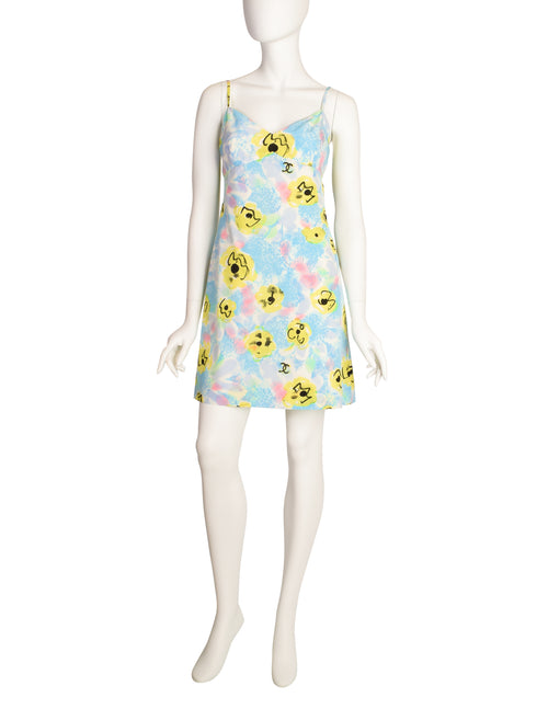 chanel light blue dress Chanel Vintage 1997 Baby Blue Pastel Camellia Print Silk Dress and Rai –  Amarcord Vintage Fashion main image 0