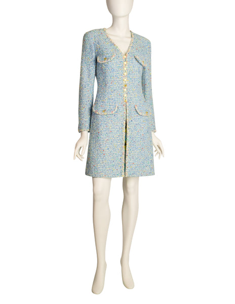 Chanel Vintage 1997 Baby Blue Pastel Camellia Print Silk Dress and Rainbow Boucle Coat Set