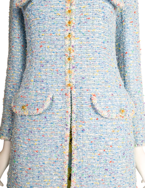 Chanel Vintage 1997 Baby Blue Pastel Camellia Print Silk Dress and Rainbow Boucle Coat Set