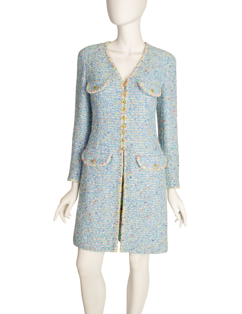 chanel light blue dress Chanel Vintage 1997 Baby Blue Pastel Camellia Print Silk Dress and Rai –  Amarcord Vintage Fashion