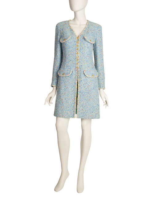 Chanel Vintage 1997 Baby Blue Pastel Camellia Print Silk Dress and