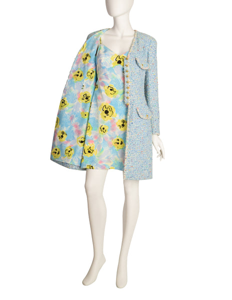 Chanel Vintage 1997 Baby Blue Pastel Camellia Print Silk Dress and Rainbow Boucle Coat Set