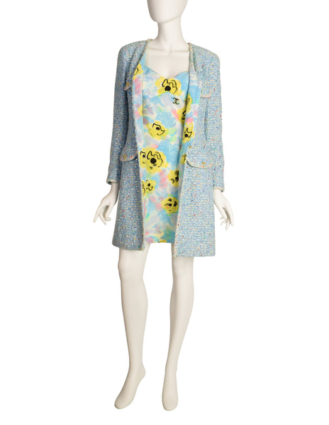 Chanel Vintage 1997 Baby Blue Pastel Camellia Print Silk Dress and Rainbow Boucle Coat Set