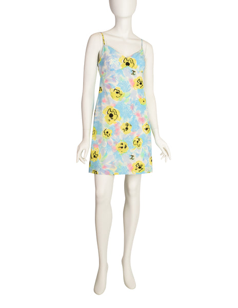 Chanel Vintage 1997 Baby Blue Pastel Camellia Print Silk Dress and Rainbow Boucle Coat Set