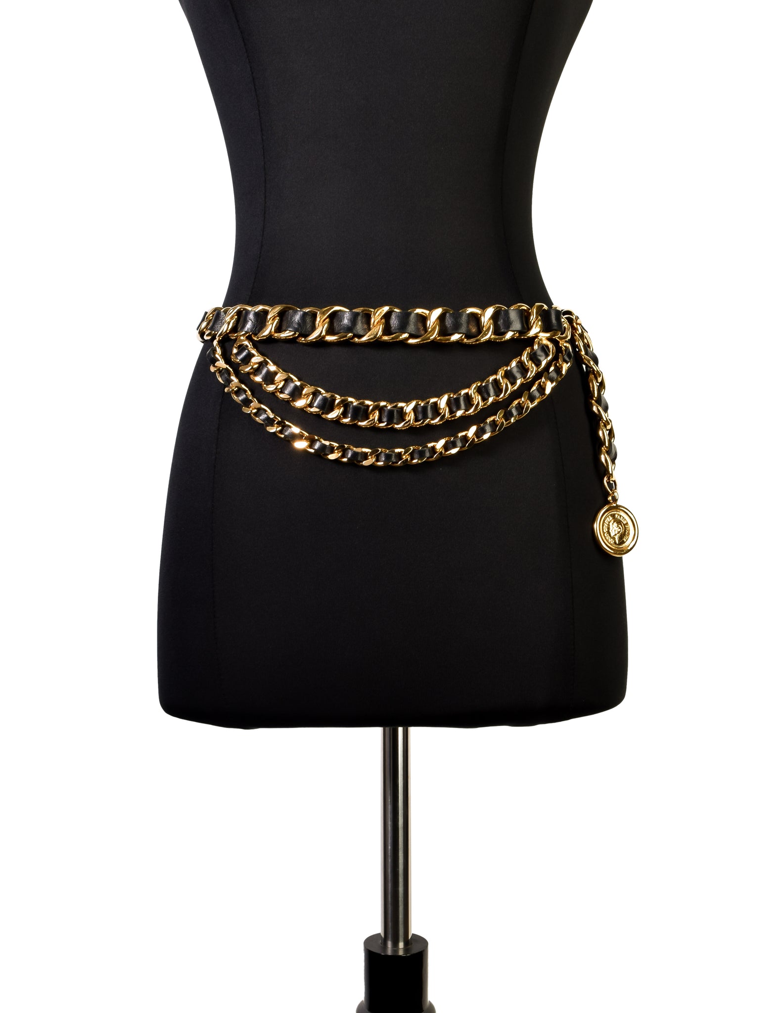 Chanel Vintage AW 1991 Three Row Cascading Black Leather Gold Chain CC Logo Medallion Belt