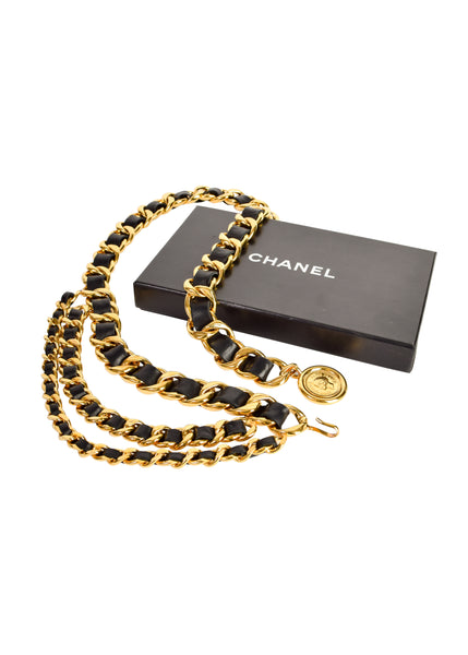 Chanel Vintage AW 1991 Three Row Cascading Black Leather Gold Chain CC Logo Medallion Belt