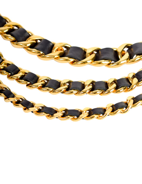 Chanel Vintage AW 1991 Three Row Cascading Black Leather Gold Chain CC Logo Medallion Belt