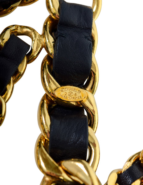 Chanel Vintage AW 1991 Three Row Cascading Black Leather Gold Chain CC Logo Medallion Belt