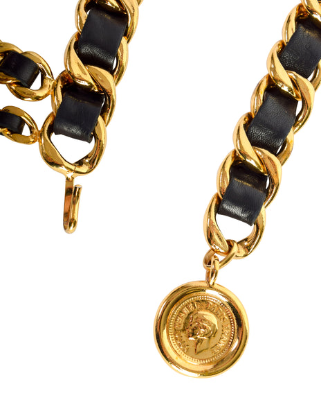 Chanel Vintage AW 1991 Three Row Cascading Black Leather Gold Chain CC Logo Medallion Belt