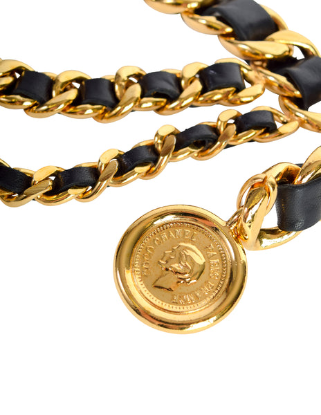 Chanel Vintage AW 1991 Three Row Cascading Black Leather Gold Chain CC Logo Medallion Belt