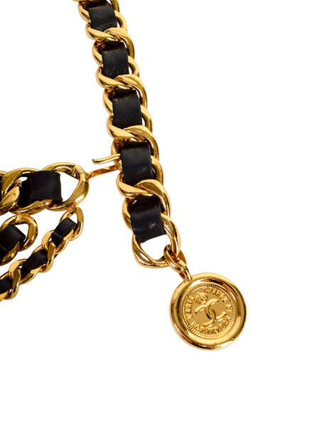 Chanel Vintage AW 1991 Three Row Cascading Black Leather Gold Chain CC Logo Medallion Belt