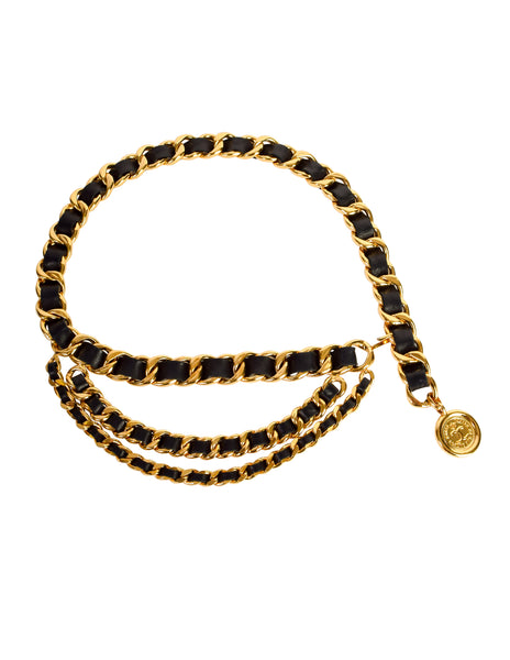 Chanel Vintage AW 1991 Three Row Cascading Black Leather Gold Chain CC Logo Medallion Belt