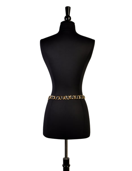 Chanel Vintage AW 1991 Three Row Cascading Black Leather Gold Chain CC Logo Medallion Belt