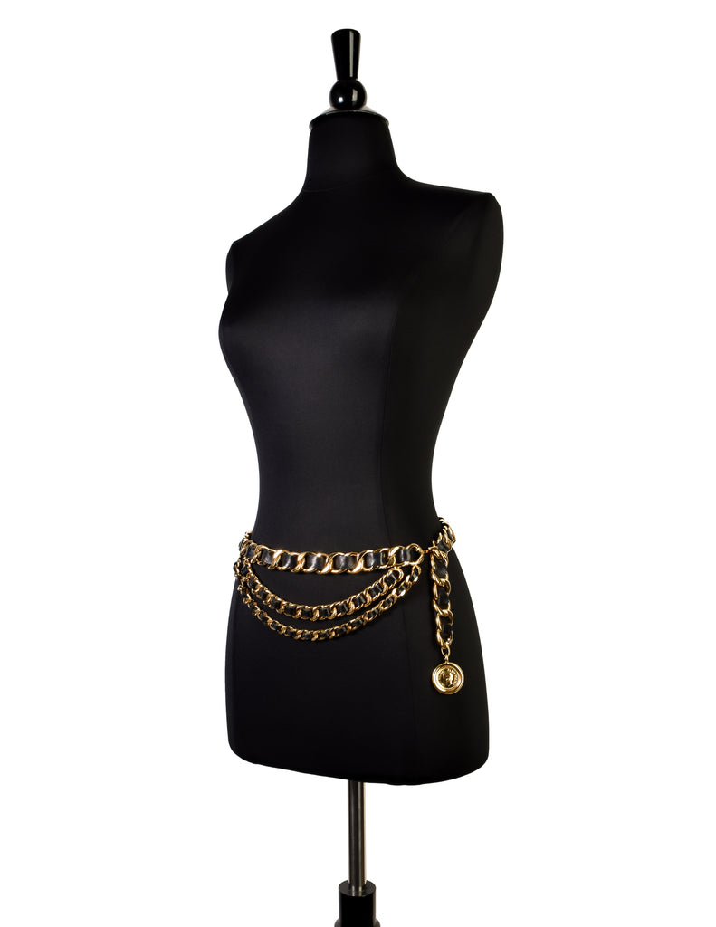 Chanel Vintage AW 1991 Three Row Cascading Black Leather Gold Chain CC