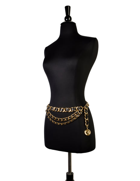 Chanel Vintage AW 1991 Three Row Cascading Black Leather Gold Chain CC Logo Medallion Belt