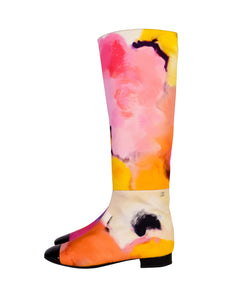 Chanel Spring Summer 2015 Vivid Watercolor Floral Print Black Patent Leather Toe Cap Boots