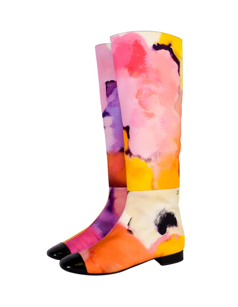 Chanel Spring Summer 2015 Vivid Watercolor Floral Print Black Patent Leather Toe Cap Boots