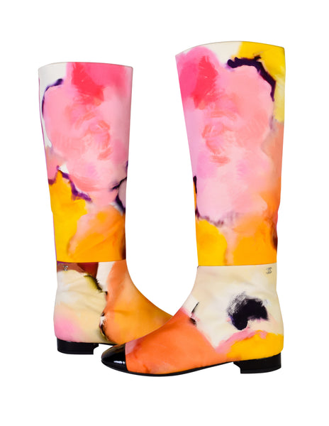 Chanel Spring Summer 2015 Vivid Watercolor Floral Print Black Patent Leather Toe Cap Boots