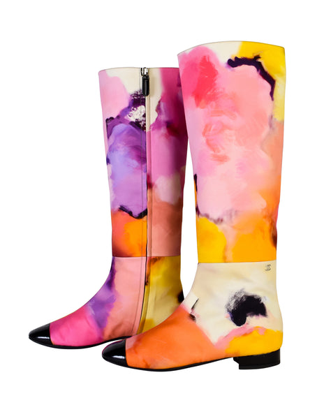 Chanel Spring Summer 2015 Vivid Watercolor Floral Print Black Patent Leather Toe Cap Boots