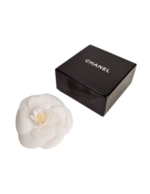 Chanel Chanel White Camellia Brooch Pin + Black Ribbon Hair Band Set