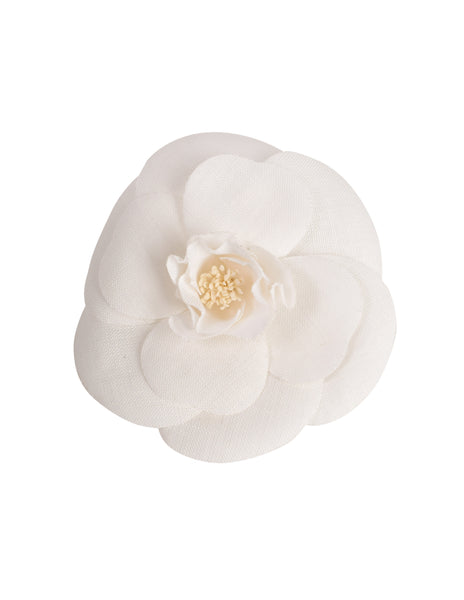 Chanel Vintage White Woven Linen Camellia Flower Brooch Pin