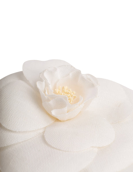 Chanel Vintage White Woven Linen Camellia Flower Brooch Pin