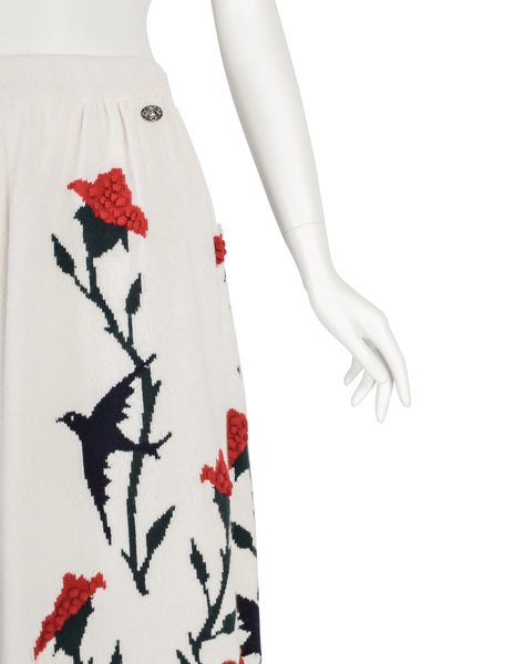 Chanel PF 2015 Black Swallow Bird Red Rose Cream Cashmere Knit A-Line Skirt