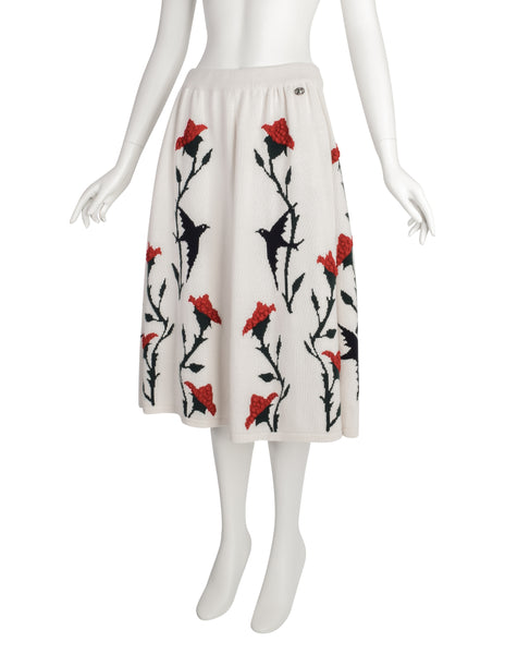 Chanel PF 2015 Black Swallow Bird Red Rose Cream Cashmere Knit A-Line Skirt