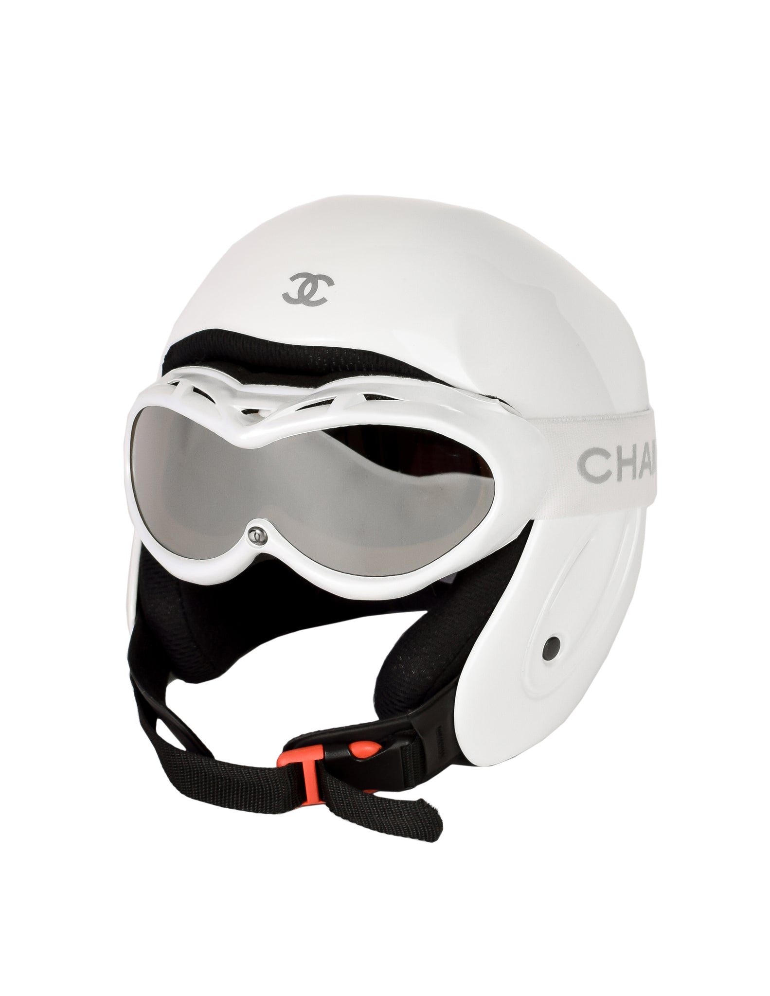 Chanel Vintage White Molded Plastic Snow Ski Helmet with Goggles