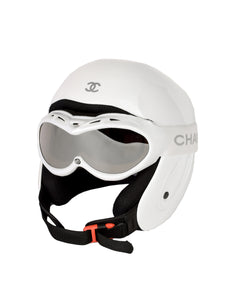 Chanel Vintage White Molded Plastic Snow Ski Helmet with Goggles
