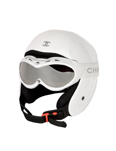 Chanel Vintage White Molded Plastic Snow Ski Helmet with Goggles