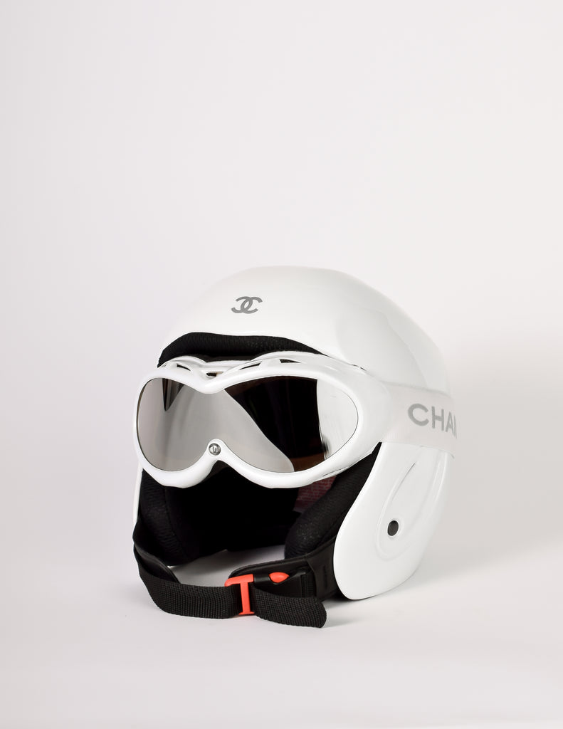 chanel ski goggles Chanel Vintage White Molded Plastic Snow Ski Helmet with Goggles – Amarcord Vintage Fashion