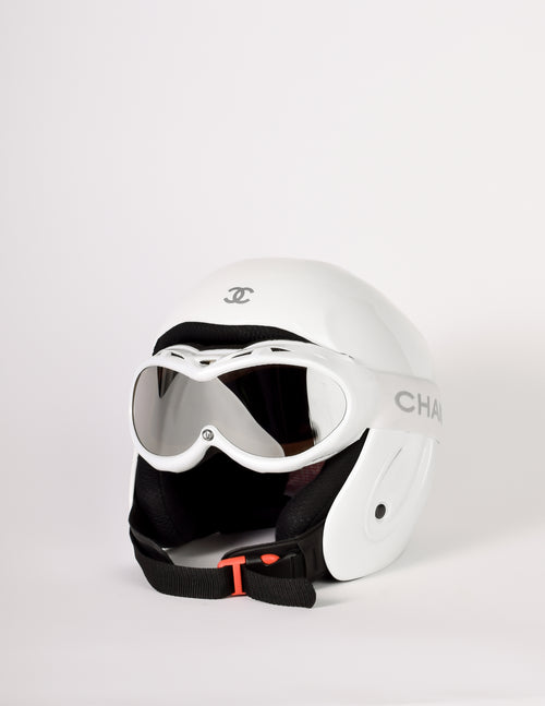 Chanel Vintage White Molded Plastic Snow Ski Helmet with Goggles