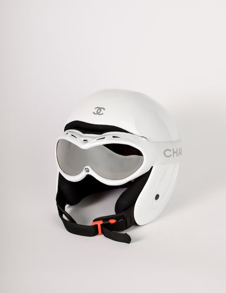 Chanel Vintage White Molded Plastic Snow Ski Helmet with Goggles