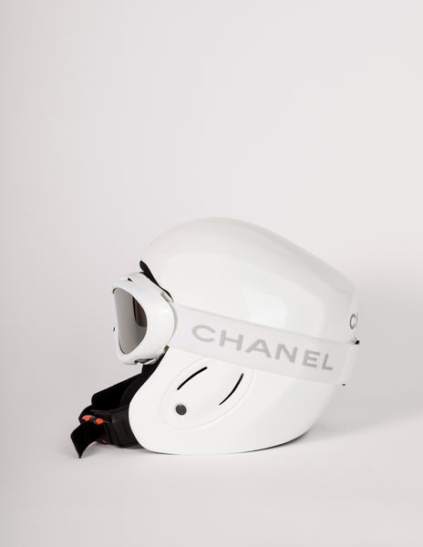 Chanel Vintage White Molded Plastic Snow Ski Helmet with Goggles
