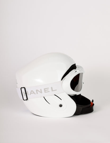 Chanel Vintage White Molded Plastic Snow Ski Helmet with Goggles