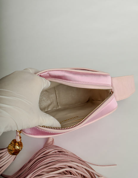 Chanel Vintage Quilted Baby Pink Satin Tassel Bag