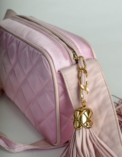 Chanel Vintage Quilted Baby Pink Satin Tassel Bag